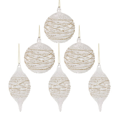 Holiday Clear Glass Ball & Finial Ornaments with Glitter Wrap, Set of 6