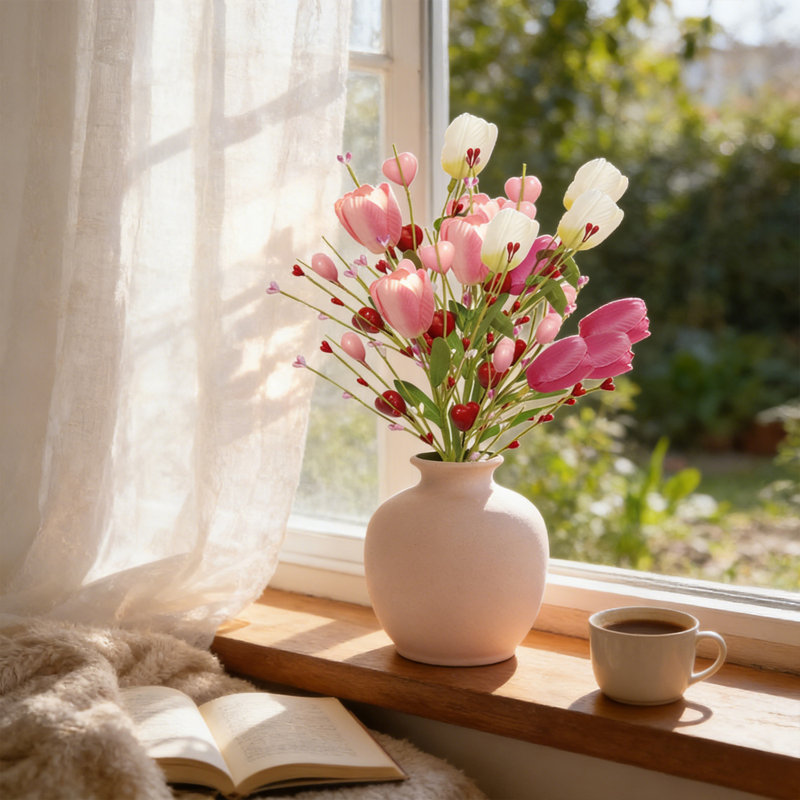 Décorations de la Saint-Valentin, paquet de 6 fleurs artificielles 12,5 pouces, choix de la Saint-Valentin avec baies de tulipes pour la fête de la Saint-Valentin
