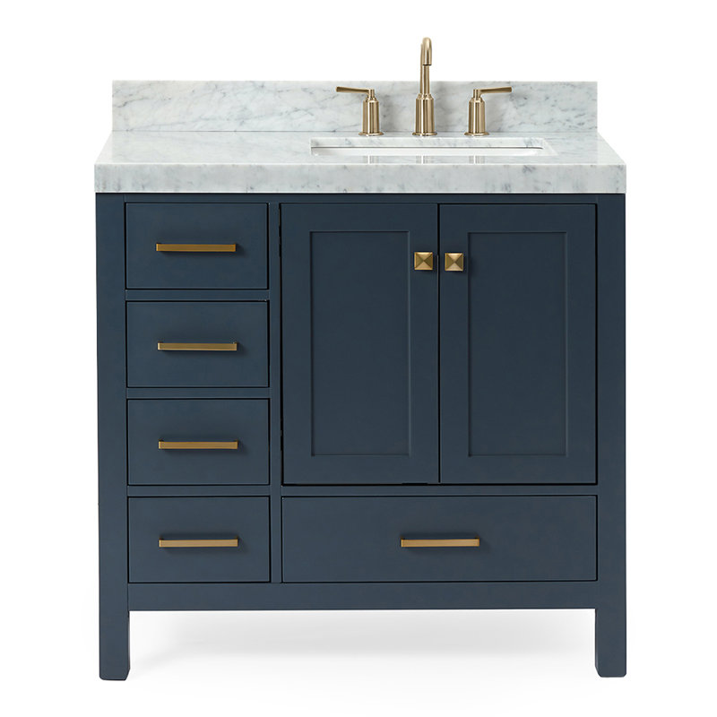 Ariel Cambridge 36 po Meuble-lavabo décalé à droite avec 2 po Comptoir en marbre de Carrare, Bleu minuit