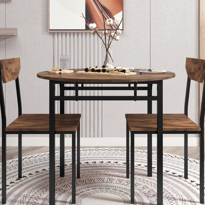 Table de salle à manger moderne 3 ronds avec abattant et 2 chaises pour petits espaces, structure en métal noir