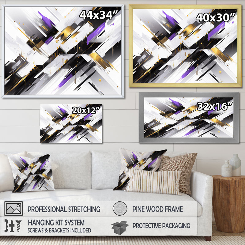 Mauve, noir, rayures audacieuses - art sur toile cubisme, Toile tendue, H 34 po x l 44 po x P 1,5 po