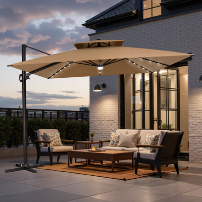 11x 11 Ft Square Patio Cantilever Umbrella with Solar Led Lights, Weighted Base Not Included