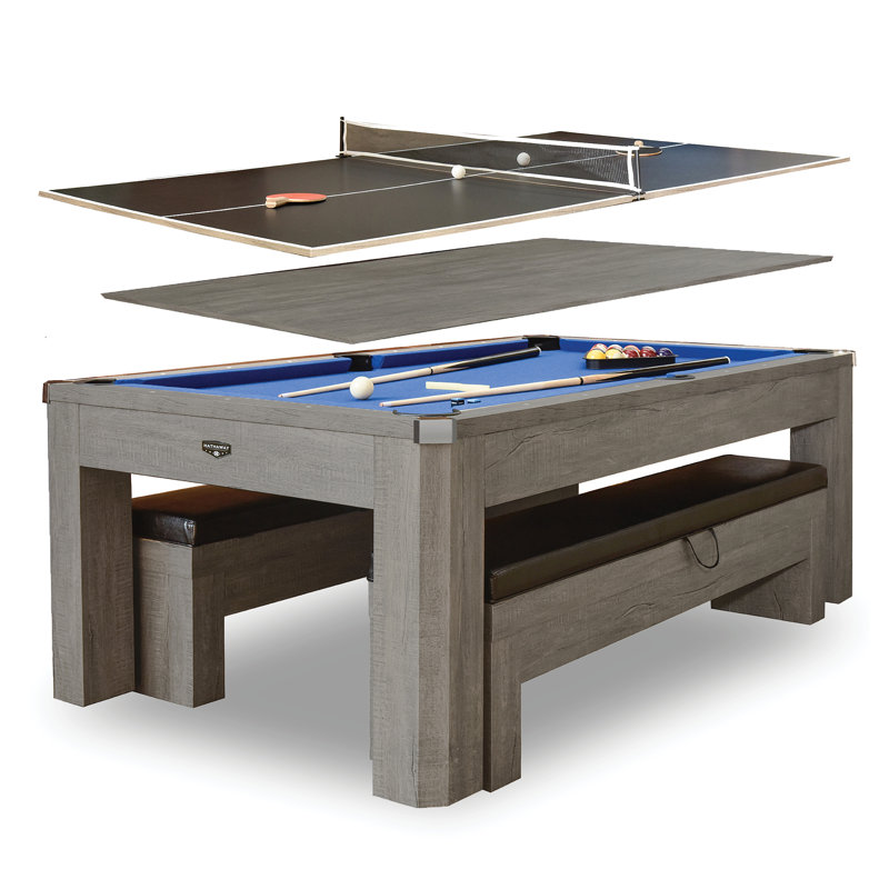 Hathaway Newport Stylish 7 Ft Multi Game Pool Table Combo with Dining Top and Ping Pong – Includes Benches for Home Storage and Accessories