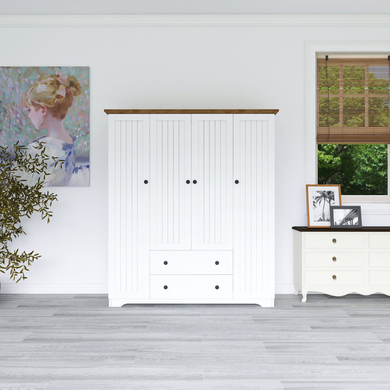 Armoire penderie en bois blanc avec tiroirs, Blanc