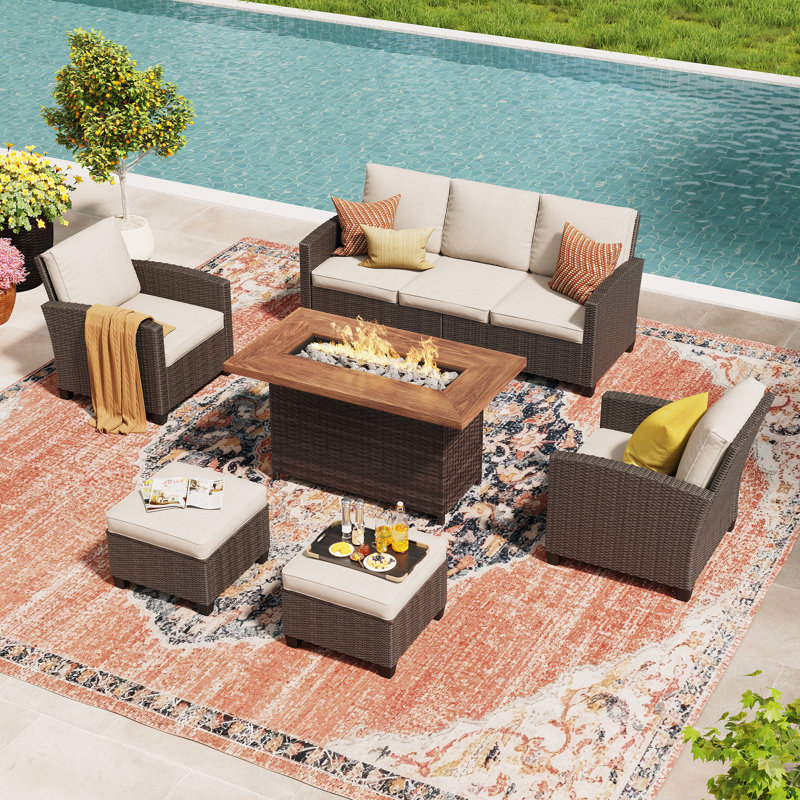 Ensemble de conversation modulaire en osier pour 5 personnes avec foyer et table, Sable