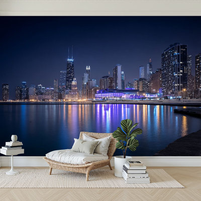 Papier peint adhésif auto-adhésif moderne l 96 "x H 69" pour chambre à coucher Chicago Skyline Night City Cityscape Downtown River Architecture