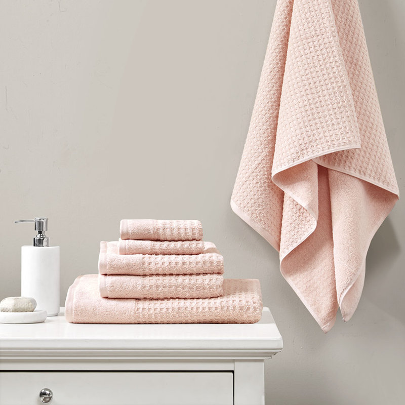 Cotton Waffle Jacquard Antimicrobial Bath Towel 6 Piece Set, Pink