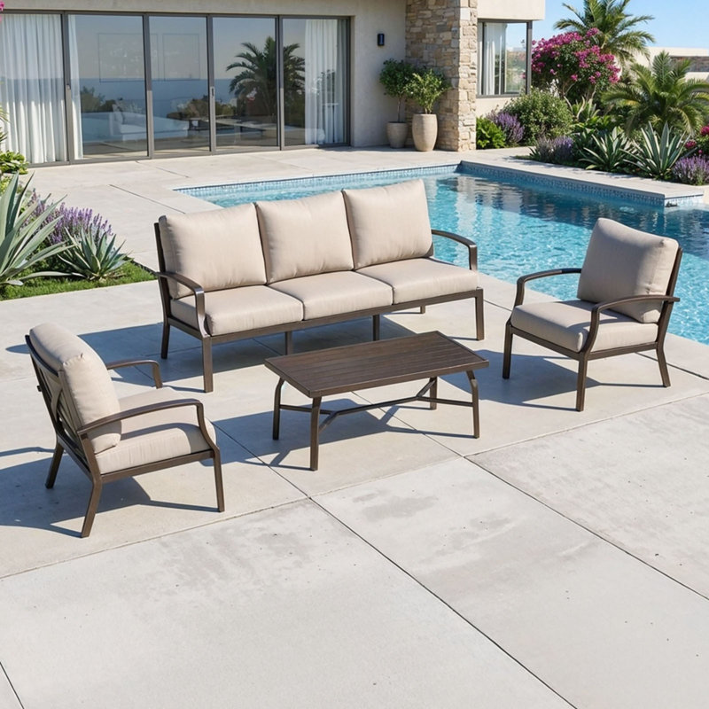 Ensemble de canapé de patio 4 pièces, ensemble de conversation de patio en aluminium antirouille avec table basse, ensemble de mobilier de patio avec coussins amovibles pour la cour, le porche, le bord de la piscine, bronze foncé