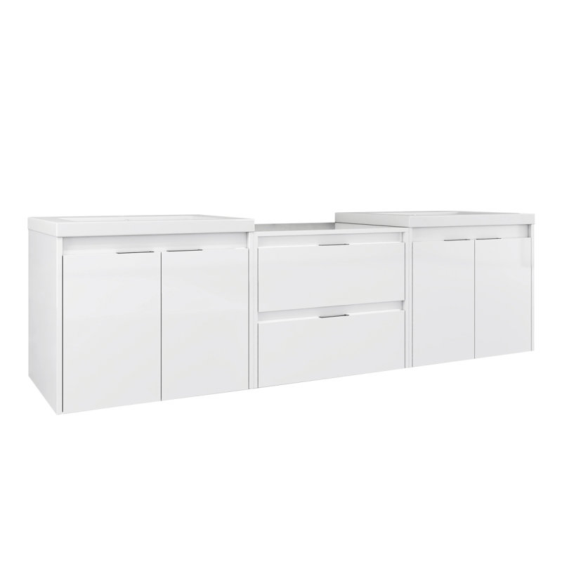 Meuble-lavabo 72 po avec lavabo en résine, portes à fermeture en douceur et 1 armoire latérale, conception à fixation flottante, blanc brillant, contreplaqué (emballage KD) - 24 po x 2 + 24 po