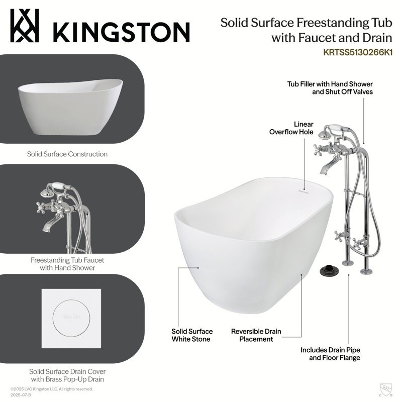 Kingston Brass Arcticstone 51-Inch Solid Surface Oval Single Slipper Freestanding Tub With Faucet Combo And Drain