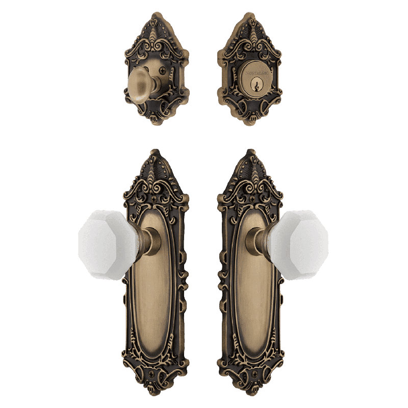 Ensemble d'entrée victorienne Nostalgic Warehouse avec bouton en cristal Waldorf blanc, Laiton antique, 2.375