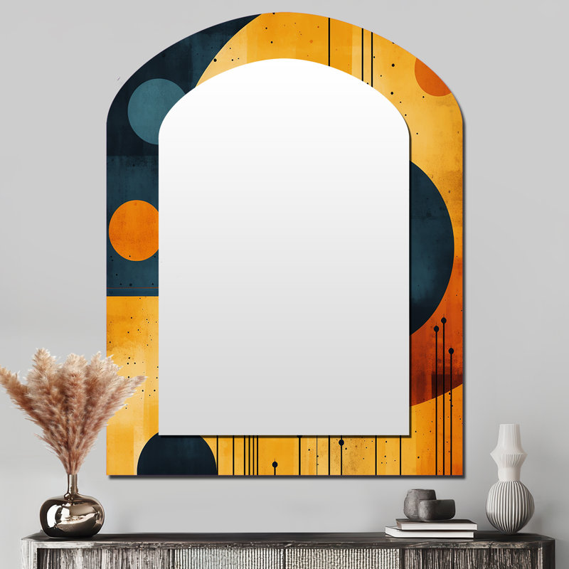 Mid-Century géométrique abstrait en orange rétro II - miroir mural moderne asymétrique Midcentury, miroir de forme libre moderne, art imprimé en métal