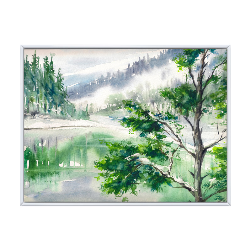 Lac - peinture sur toile, H 24 po x l 32 po, Cadre flottant blanc