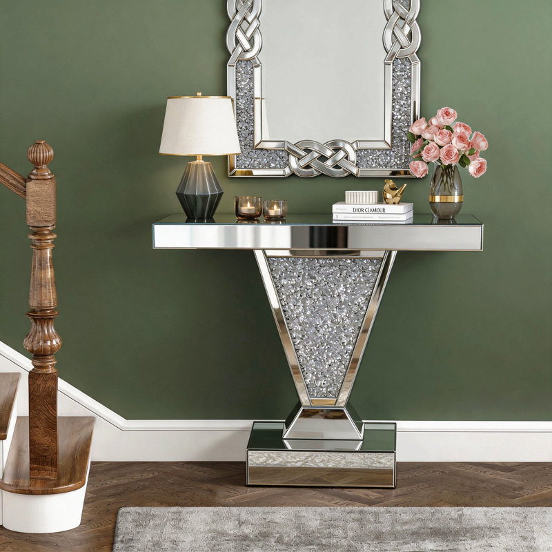 Console miroir effet diamant, table d'entrée moderne en verre argenté réfléchissant, table d'appoint rectangulaire en forme de V avec incrustations de cristaux pour salon ou hall d'entrée