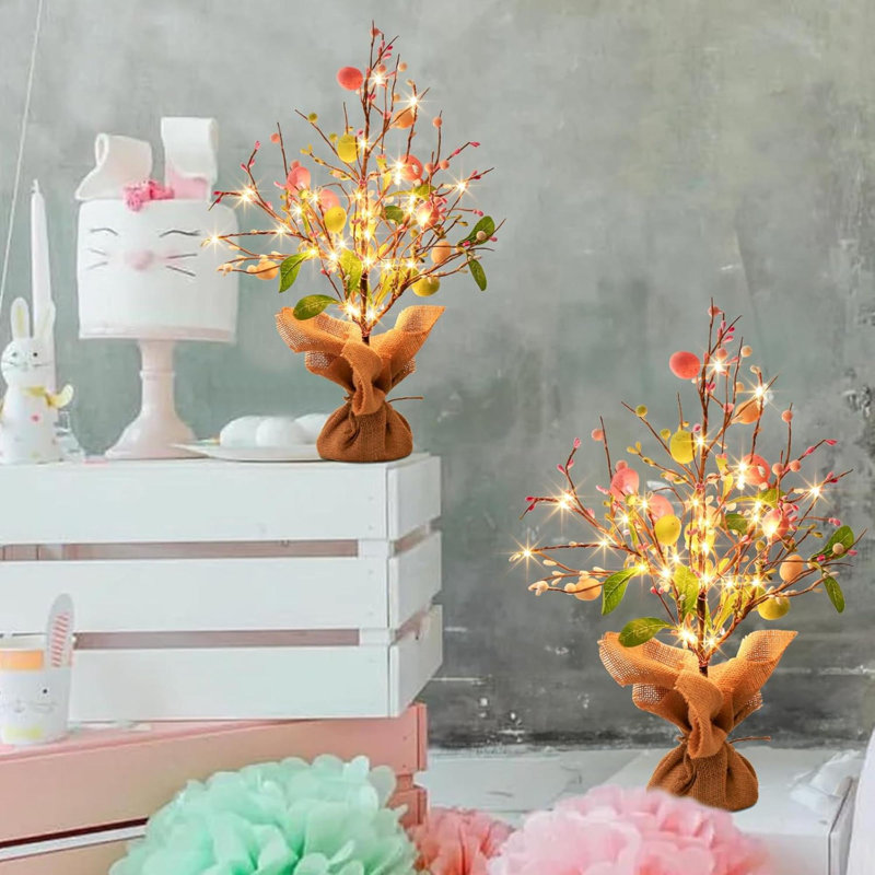 Spring Decorations, 2 Pack Spring Tree With Colourful Eggs, Battery Powered LED Tree Lights, Artificial Tabletop Centerpiece Lighted Tree For Holiday Party Spring Home Decor