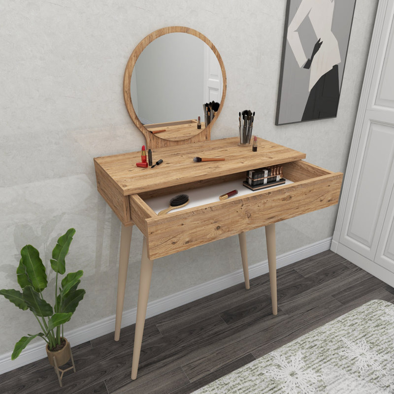 Table de maquillage moderne avec miroir, pin atlantique, 50,9 x 28,3 x 13,8 pouces | Panneau de particules 100% enduit de mélamine, pieds en bois de hêtre | Conception élégante et fonctionnelle pour la routine de beauté et la décoration intérieure