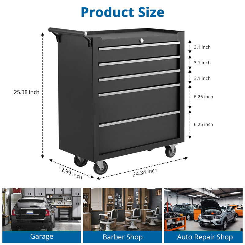 Coffre à outils roulant robuste à 5 tiroirs - Armoire de rangement mobile en métal avec tiroirs et roues verrouillables, poignée latérale, doublure de protection - Garage, atelier, atelier de réparation - noir