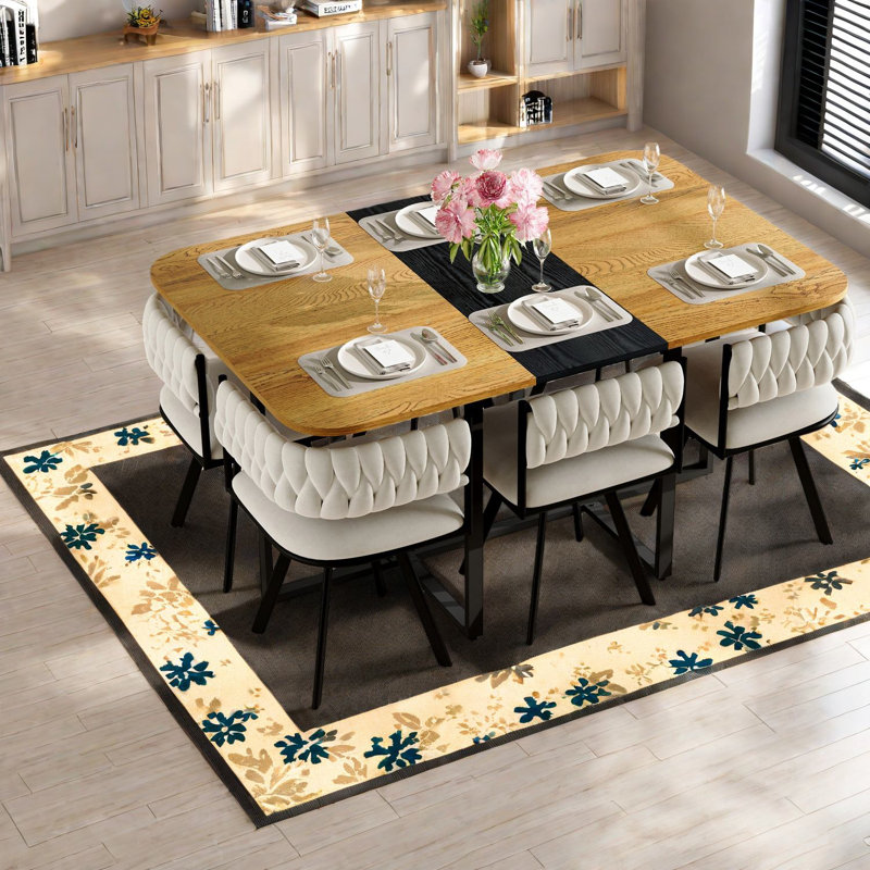 Ensemble de table de salle à manger moderne 7 pièces en bois et velours bicolore pour petits espaces