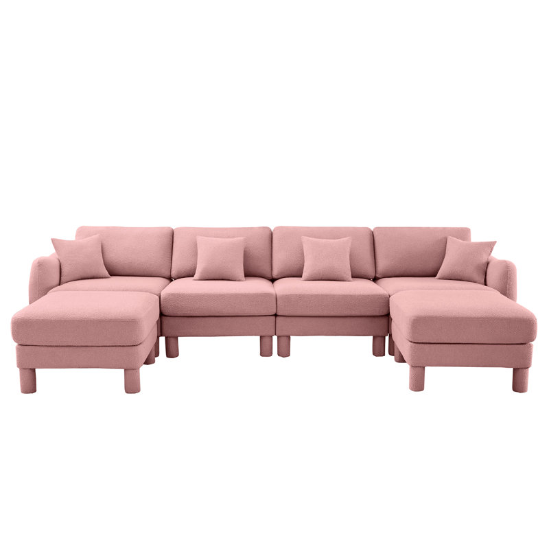 4 places en tissu bouclé rose, en forme de U avec coussins de dossier en forme de coquillage et de dossier moelleux, repose-pieds à ressorts