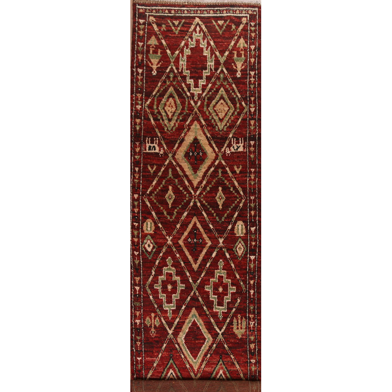 Tapis rouge rouge en laine noué à la main 3 x 13