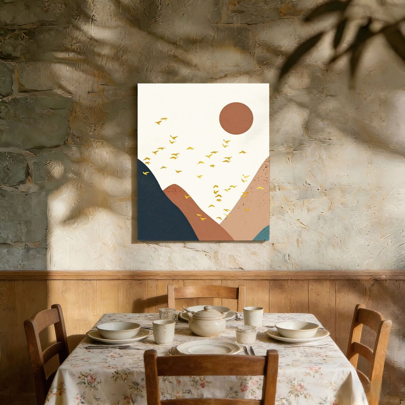 «Boho Mountain», art mural encadré abstrait lune avec oiseaux, art mural non encadré, L 36 po x l 24 po