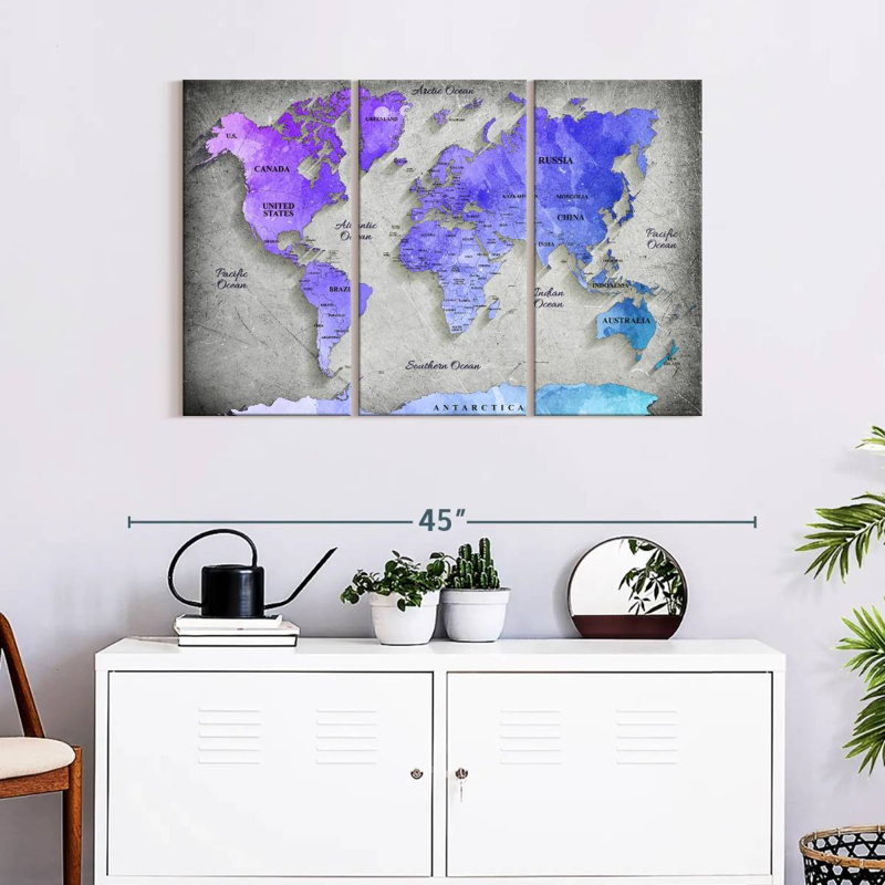 " Hued World Map " by Globetrotter Studio 3 - Pieces, 24" H x 38" W x 1.25" D