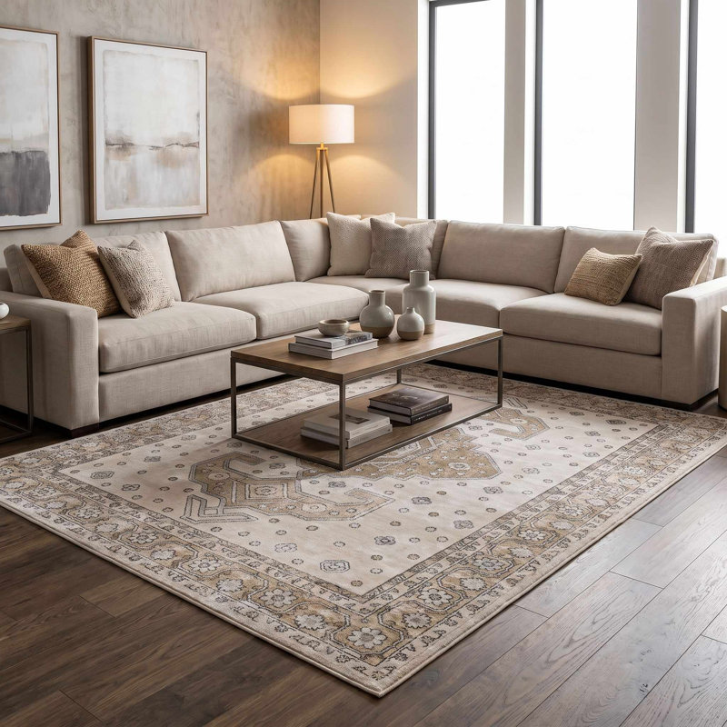 Seychel lavable à la machine traditionnel médaillon floral brun / beige / crème / moutarde, 6 pi 7 po x 9 pi