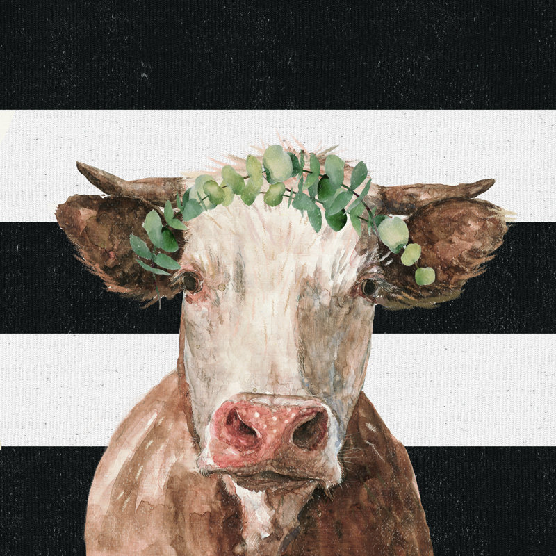 Cow On Stripes With Eucalyptus Crown - Wrapped Canvas Print, 30cm H x 30cm W 