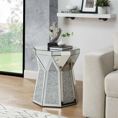 Drum Style Coffee Table with Mirror Crystal Inlay, Polygonal Silver Decorative Table for Modern Living Room