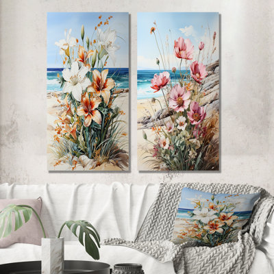 Fleurs saisonnières sur la plage - ensemble de 2 reproductions d'art sur toile