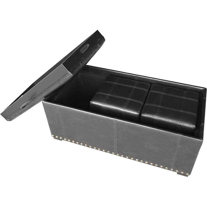 Leather Storage Bench With 2 Side Ottomans, Black