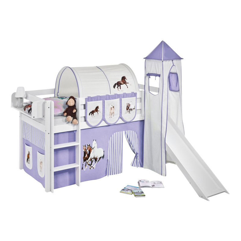 Pferde European Single (90 x 200cm) Mid Sleeper Bed with Textile Set, Purple and beige