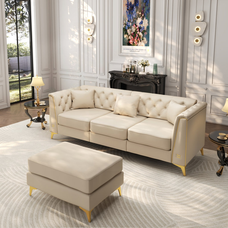 Canapé modulaire Chesterfield avec similicuir capitonné à boutons et repose-pieds, 81.5" W, Beige + similicuir blanc