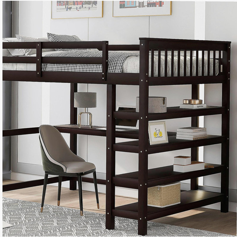 Lit mezzanine double avec tablettes de rangement et bureau sous le lit, espresso (VIEUX SKU: SM000246AAP-1), Espresso