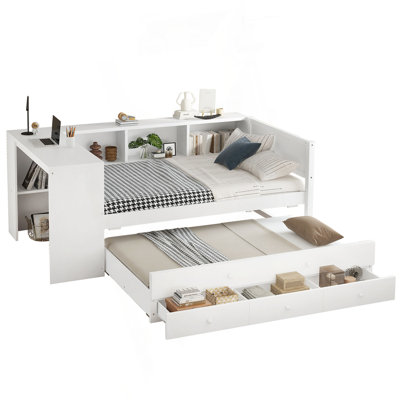 Daybed With Trundle, Wood Day Bed Frame With Storage Drawers And Side Shelves, Daybed With Desk, No Spring Box Needed