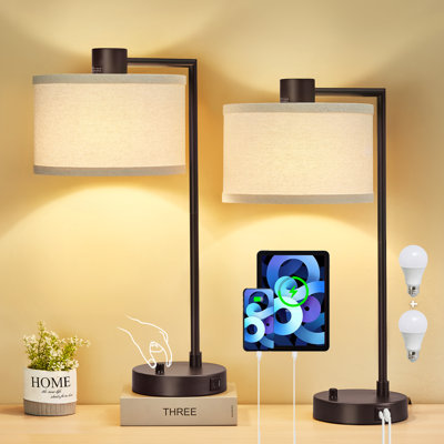 Navreet Table Lamp Set with USB C+A Charging Ports Fully Stepless Dimmable Bedside Lamp (Bulbs Included)