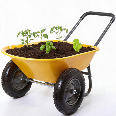Heavy Duty Garden Wheelbarrow Cart – Double Wheels, Built-in Stand, Durable Iron & Plastic, Utility Yard Trolley for Home, Lawn, Patio, Farm, Landscaping – Yellow, Double Wheels