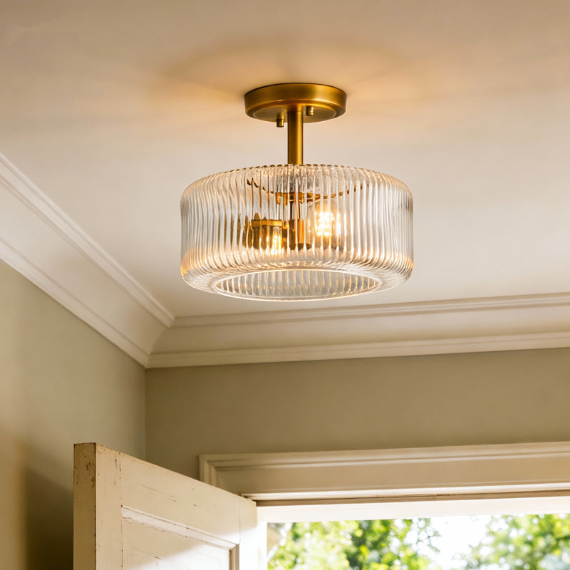 Traditional Striped Glass Flush Mount - 12in, 2-Light, Antique Brass, 2 Lights, 10.03" H x 11.81" W x 11.81" D