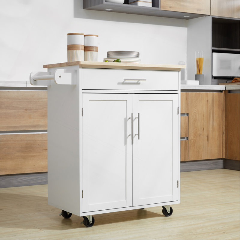 Îlot de cuisine avec chariot, tiroir, armoire de rangement et porte-serviettes, Blanc