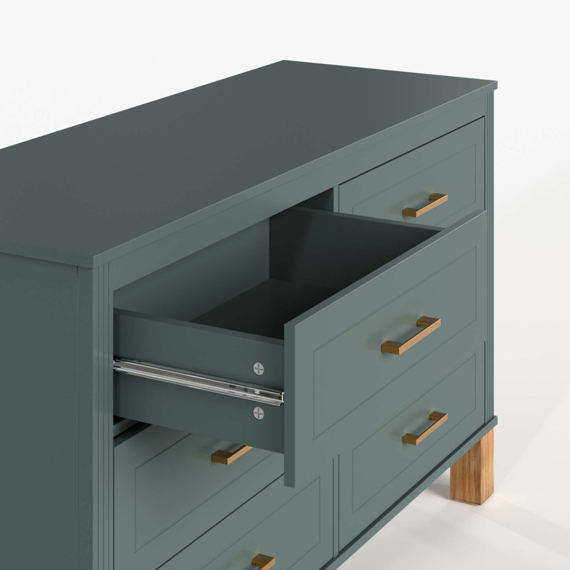 Commode moderne à 6 tiroirs avec poignées en métal et pieds en bois massif, Bleu