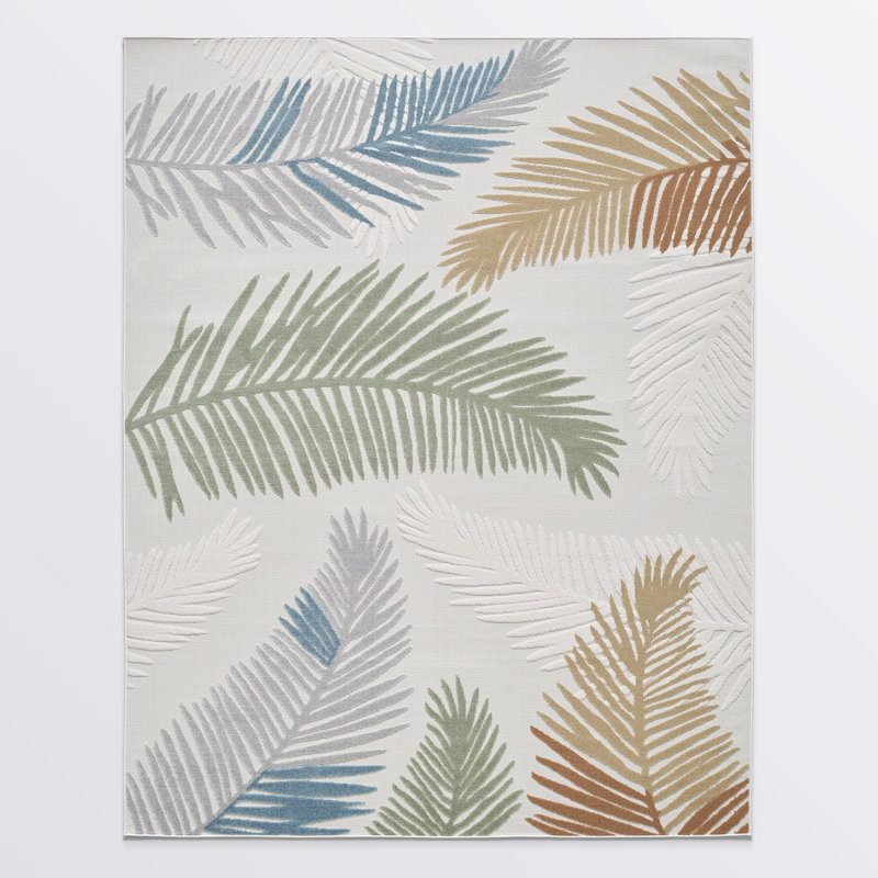 Unfaded Floral Indoor Outdoor High-Low Pile Area Rug in Cream / Green / Blue / Tan for Patios, Deck, Porch Or Entryway