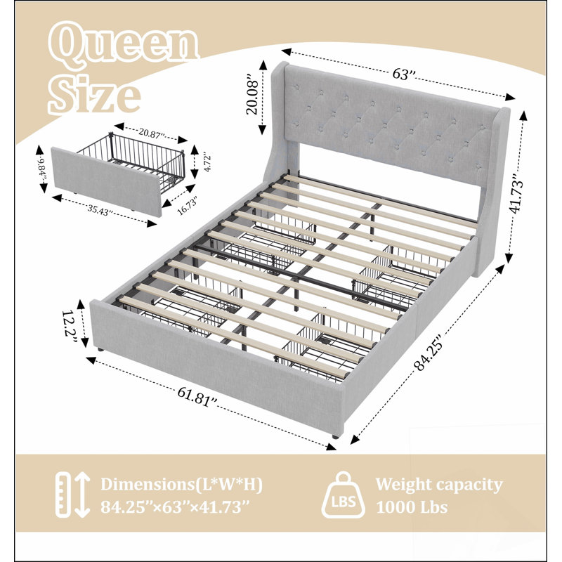 Structure de lit grand format avec 4 tiroirs de rangement, tête de lit à oreilles et capitonnage à boutons gris clair