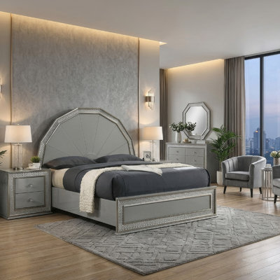Cyl Queen Bed, Metallic Gray, Scale Molded Trim, Rubberwood, LED Lit