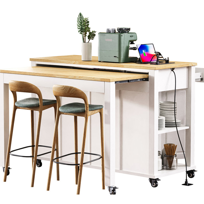 Kitchen Island With Extendable Meal Prep Table, Rubber Wood Veneer Surface, Storage Compartments, Power Outlets Ac, White