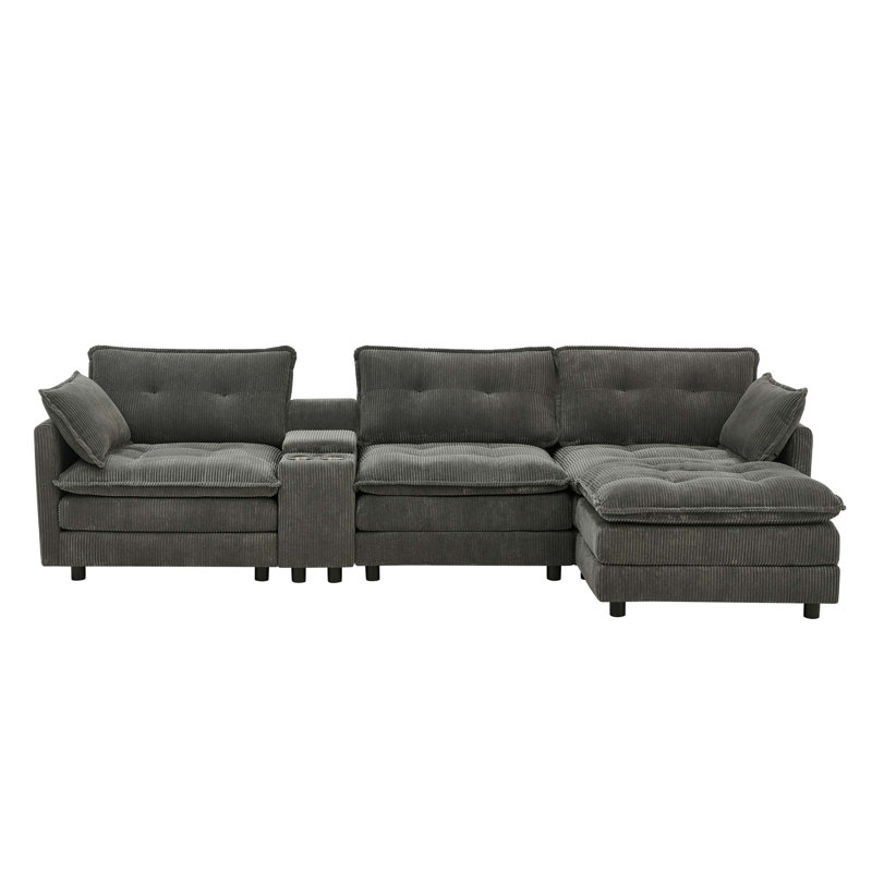 Canapé modulaire en L avec console multifonctionnelle Luxury, Velours côtelé - Gris