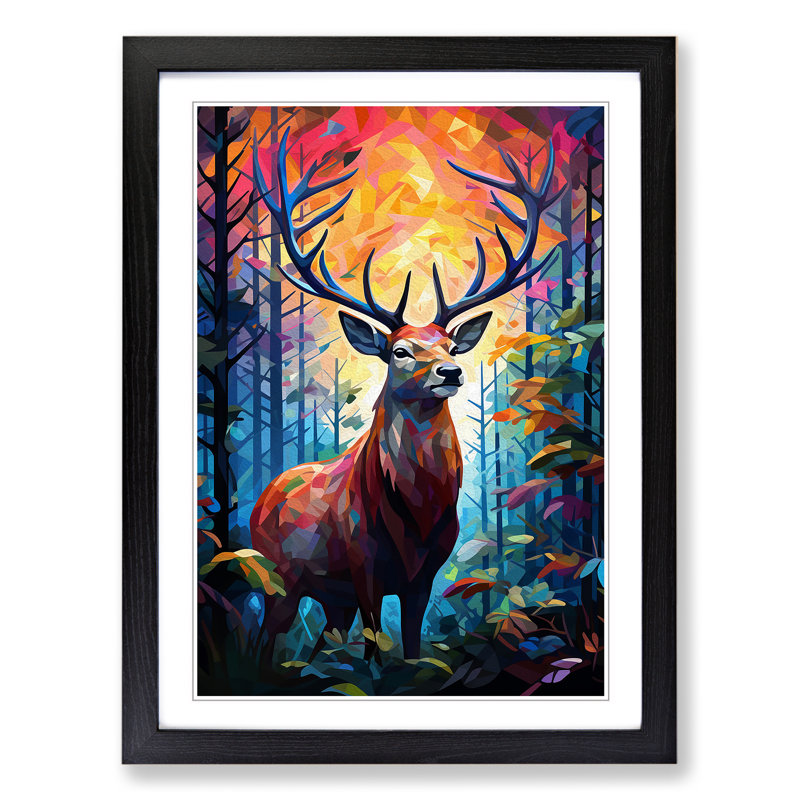 Stag In A Forest Orphism - Framed Print, 64" H x 46" W x 2" D, Black