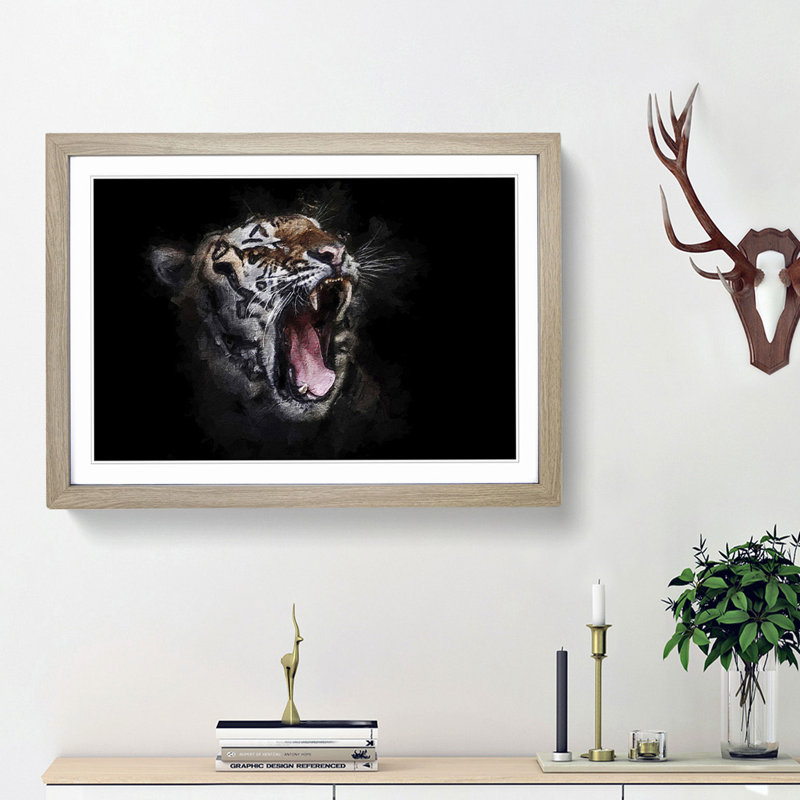 A Yawning Tiger - Framed Print, 33cm H x 45cm W x 2cm D, Oak Framed