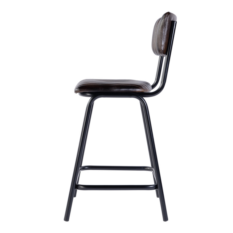 Waylon 30 in. Seat Height Leather and Iron Bar Height Stool with Back and Footrest, Black/Brown