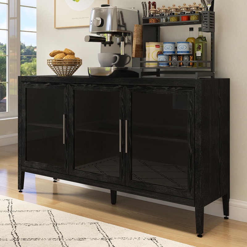 Wood Storage Cabinet With Three Tempered Glass Doors And Adjustable Shelf