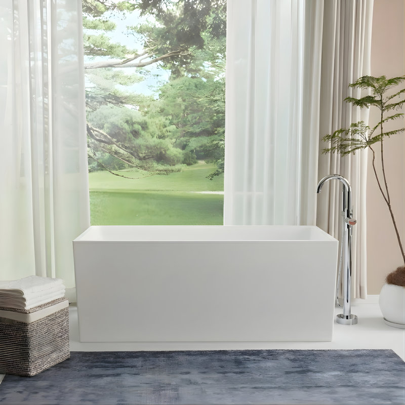 55" x 29" Freestanding Soaking Acrylic Bathtub, White/Polished Chrome